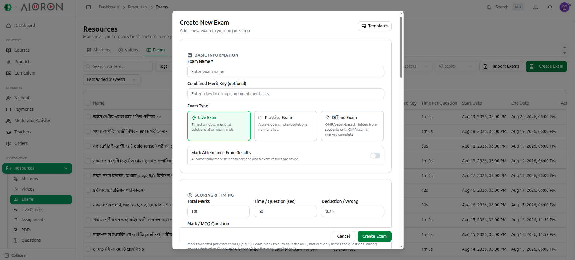 The Create New Exam dialog over the Exams list