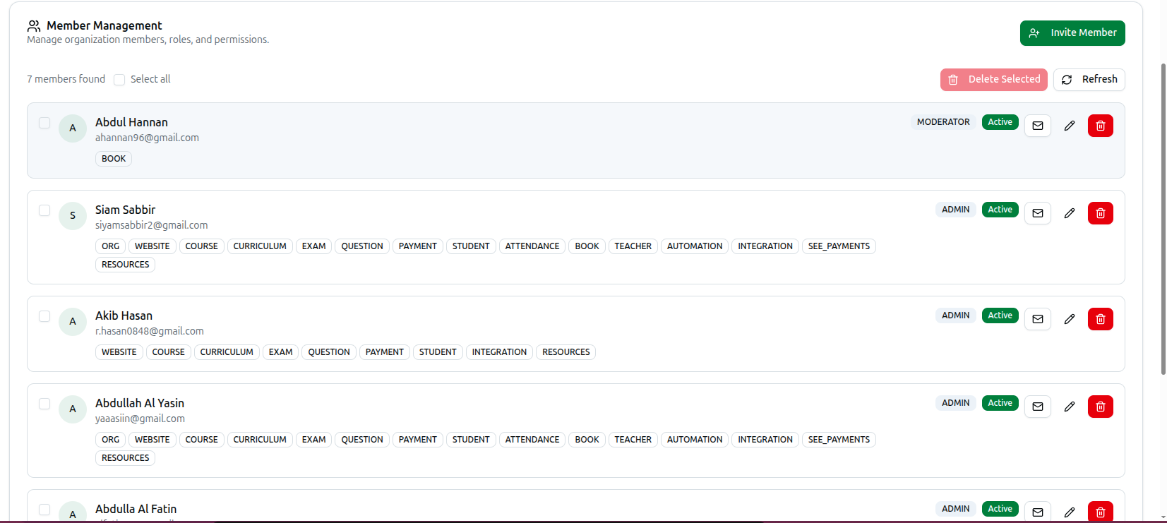 The Member Management list showing role, status and access-module badges for each member