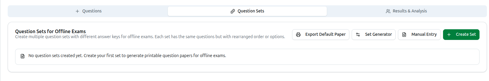 The Question Sets tab with Export Default Paper and set creation buttons