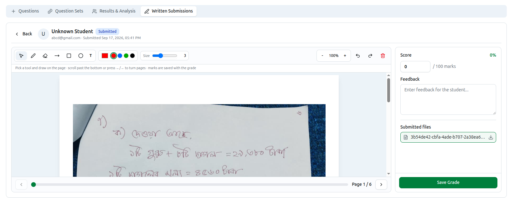 Grading in progress: the annotation toolbar over a student's uploaded page, with Score and Feedback fields alongside
