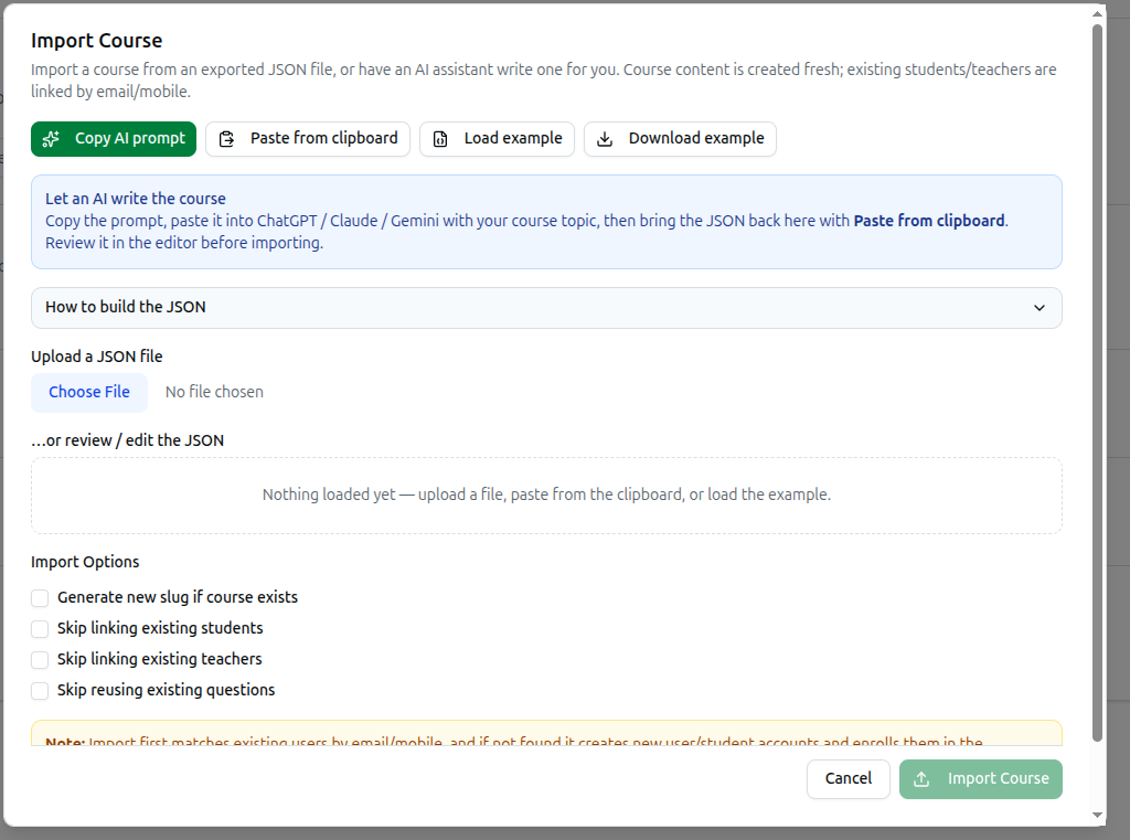 Import Course dialog with Copy AI prompt, Paste from clipboard, Load example and Download example buttons, a JSON editor, and Import Options checkboxes