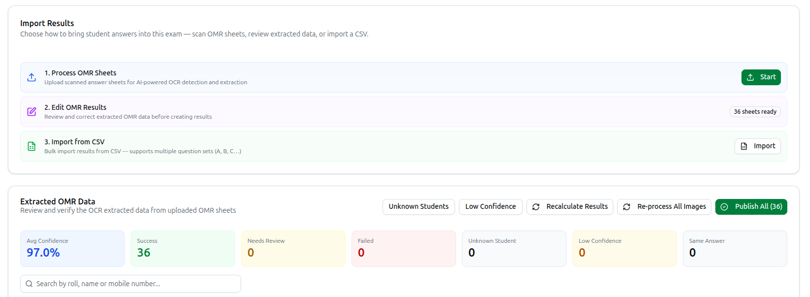 The Import Results panel and Extracted OMR Data review screen