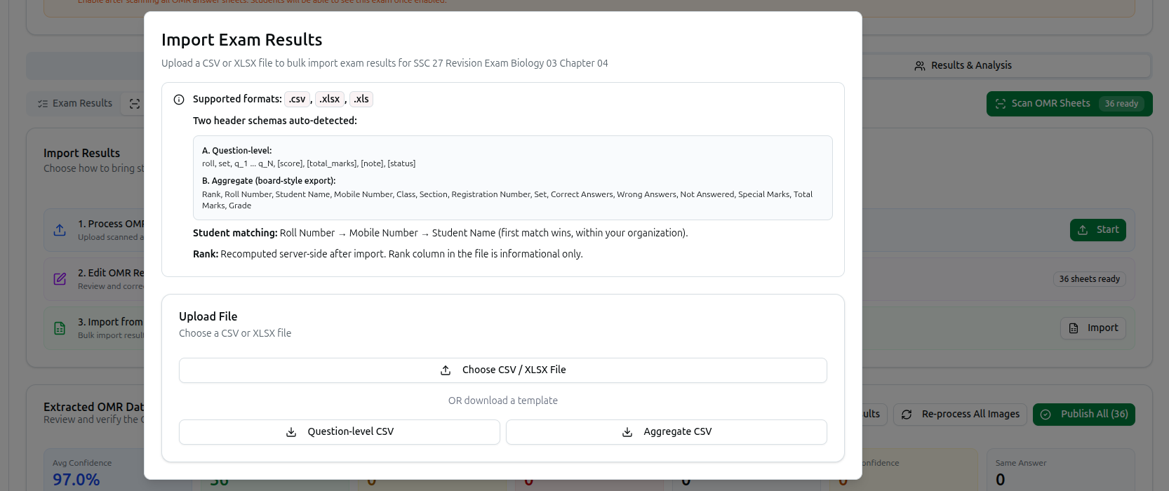 The Import Exam Results dialog showing supported formats and header schemas