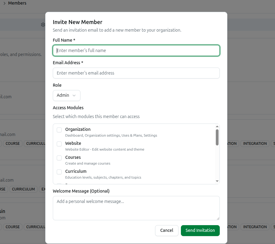 The Invite New Member dialog with Full Name, Email Address, Role, Access Modules and an optional Welcome Message
