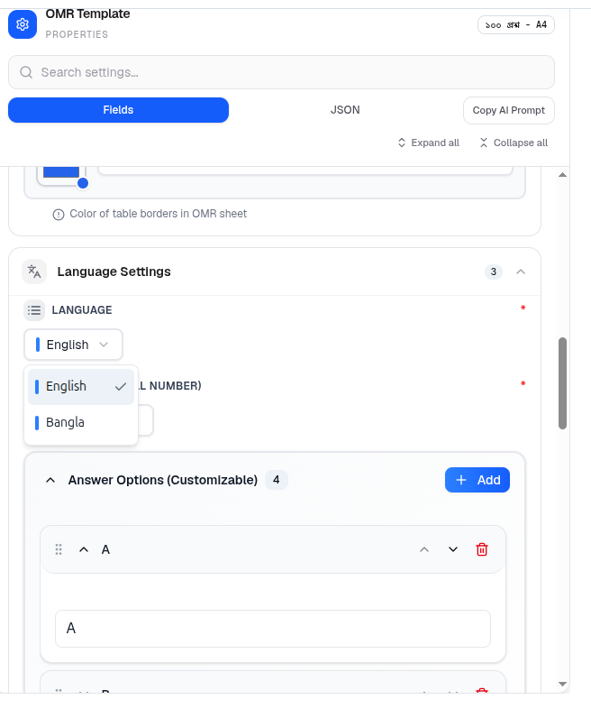 The Language Settings section with the Language dropdown open and Answer Options below
