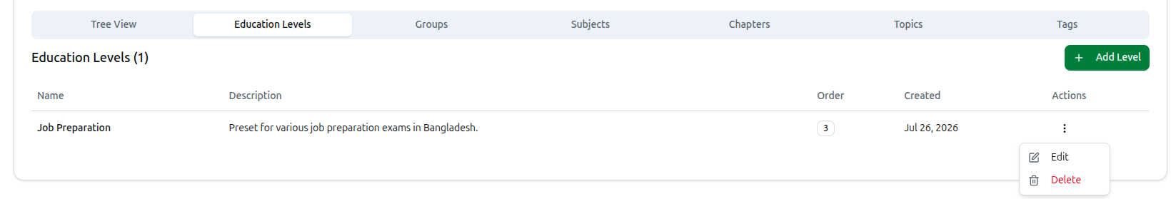The Education Levels table with a row's three-dot menu open, showing Edit and Delete