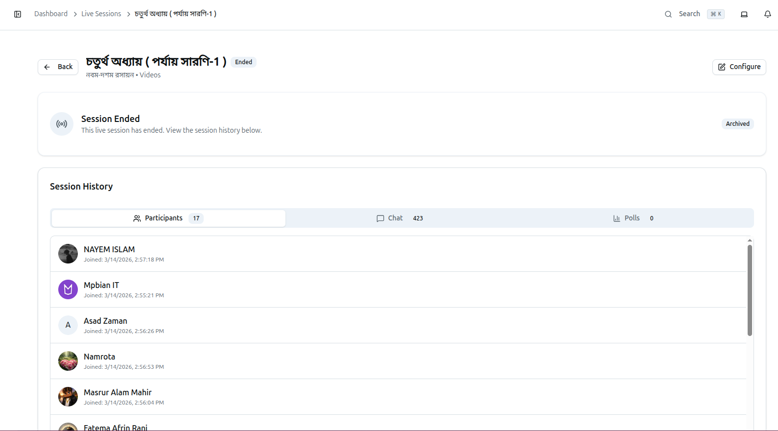 A completed live session showing Session Ended status and Session History with Participants