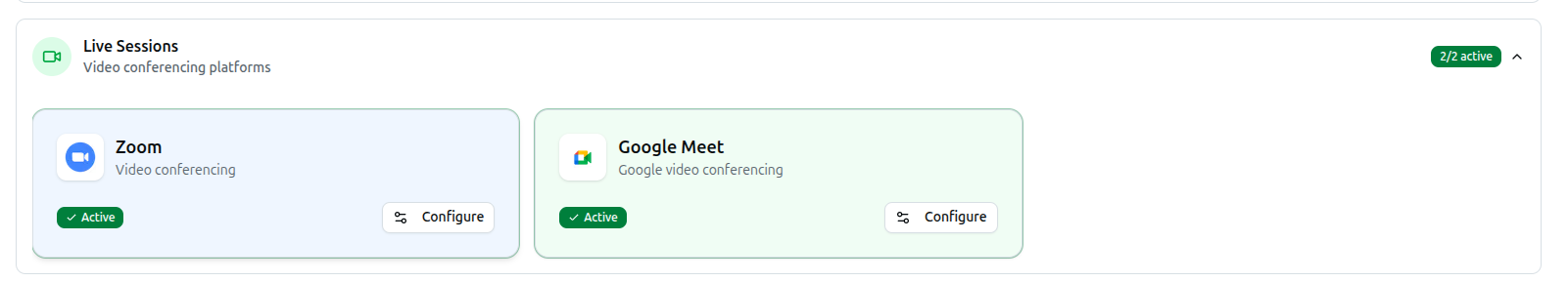 The Live Sessions category expanded: Zoom and Google Meet