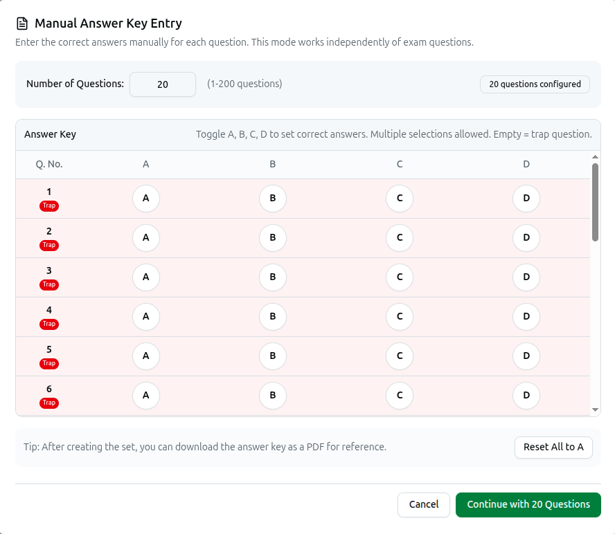 The Manual Answer Key Entry grid with A B C D toggles
