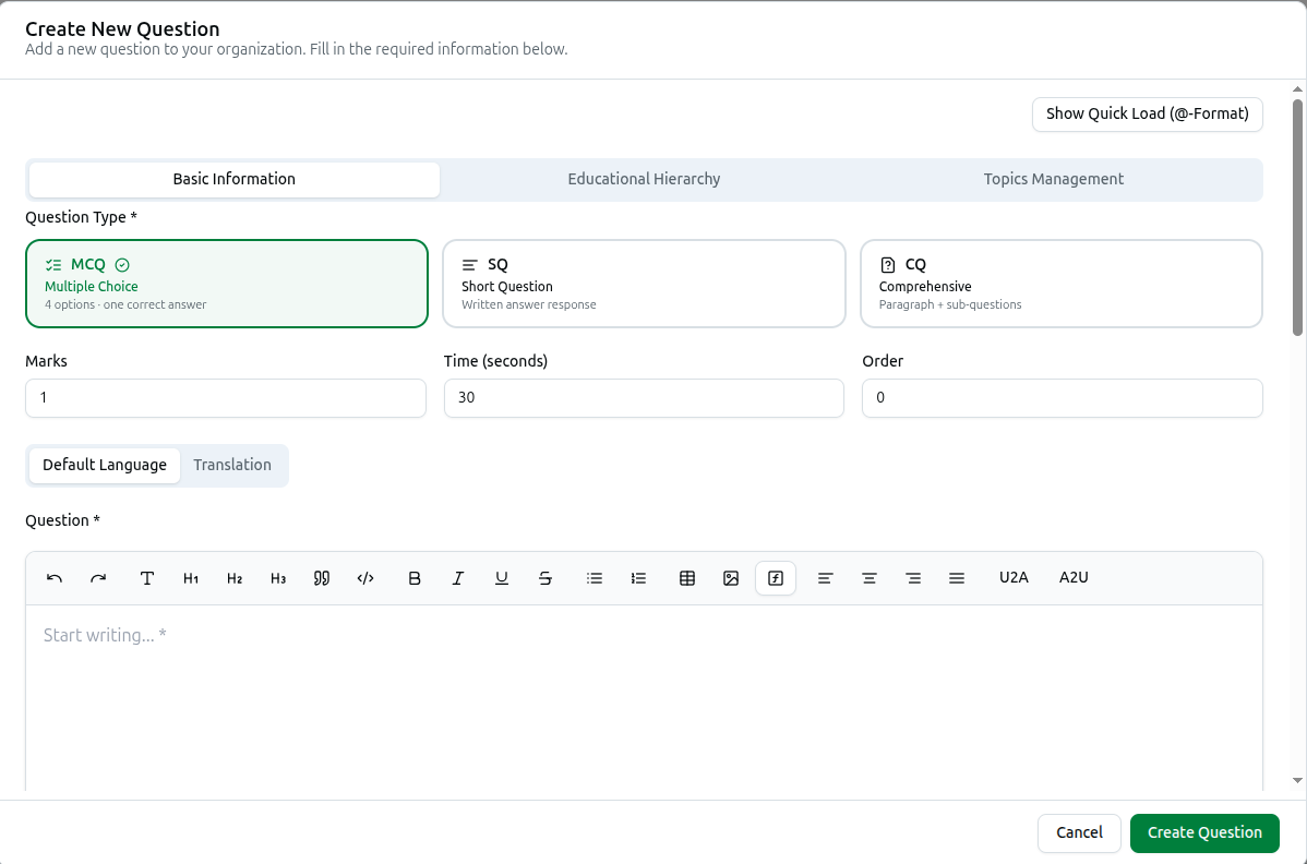 The Create New Question dialog on the Basic Information tab