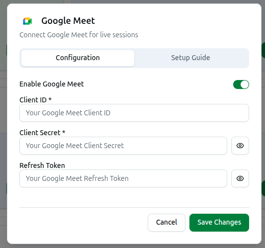 The Google Meet integration dialog with Client ID, Client Secret and Refresh Token