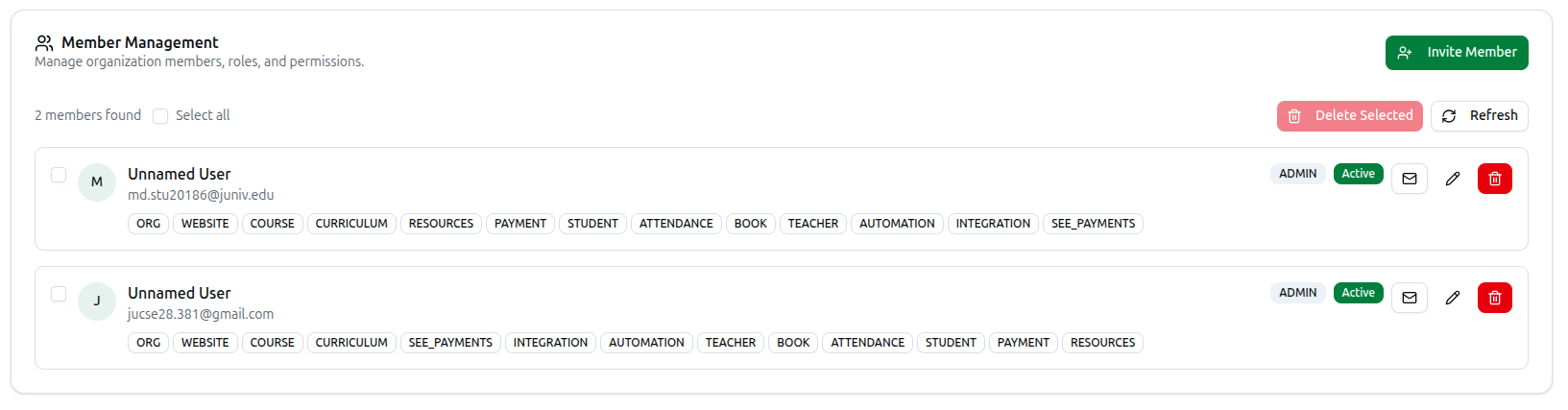 The Members tab showing member rows with access module badges, role and status