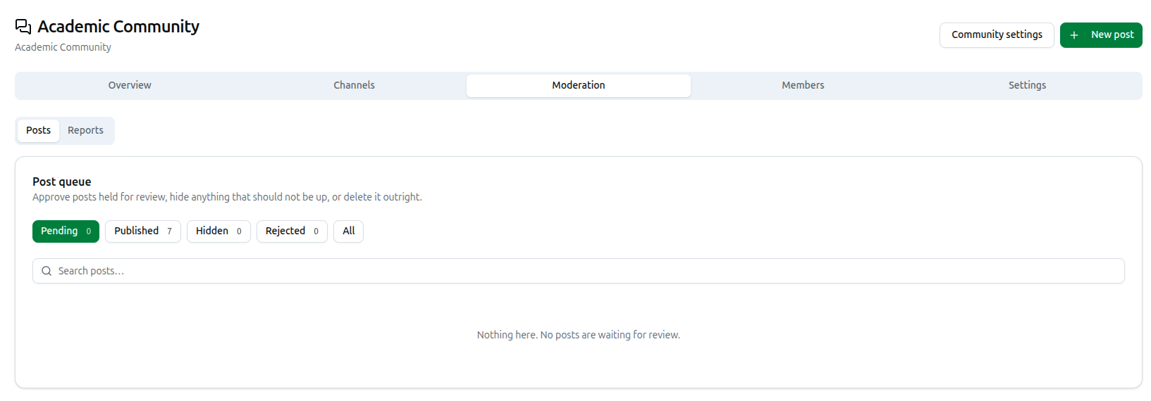 Post queue on the Moderation tab, filtered to Pending, showing status filter counts and a search box