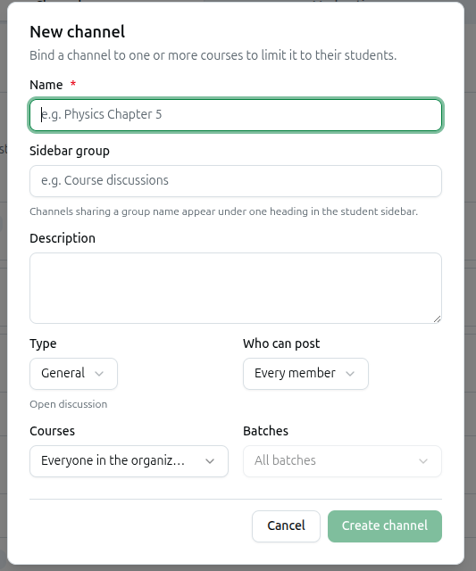 New channel dialog with Name, Sidebar group, Description, Type, Who can post, and Courses/Batches fields