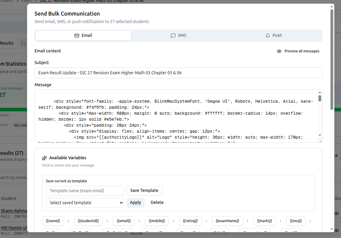 The Send Bulk Communication dialog opened from an exam's Notify All action, with the Email tab and a pre-written exam result message