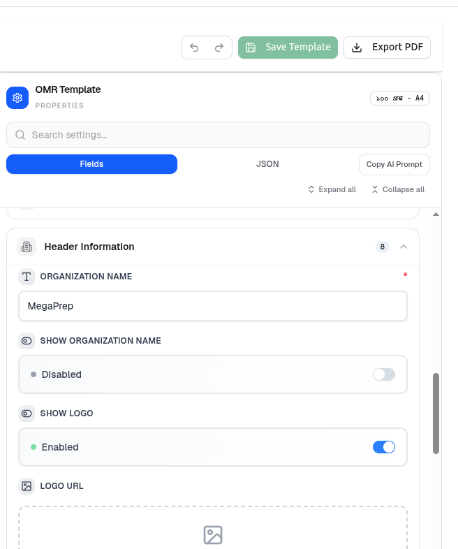 The Header Information section with organization name, show toggles and logo