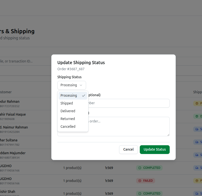 The Update Shipping Status window with the shipping status dropdown, tracking number and comment fields