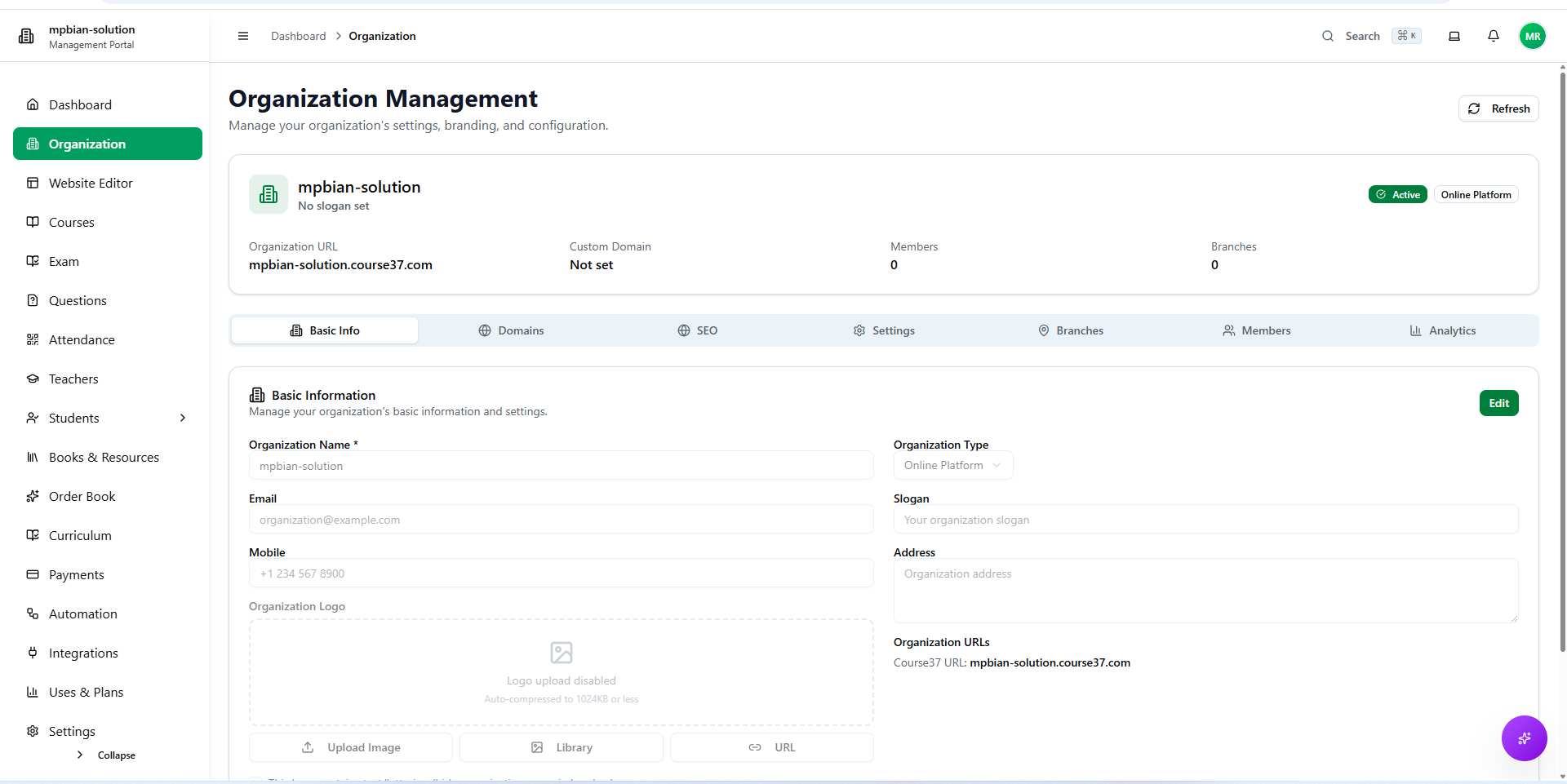 The Organization Management page showing the summary, tab strip, and the Basic Info tab
