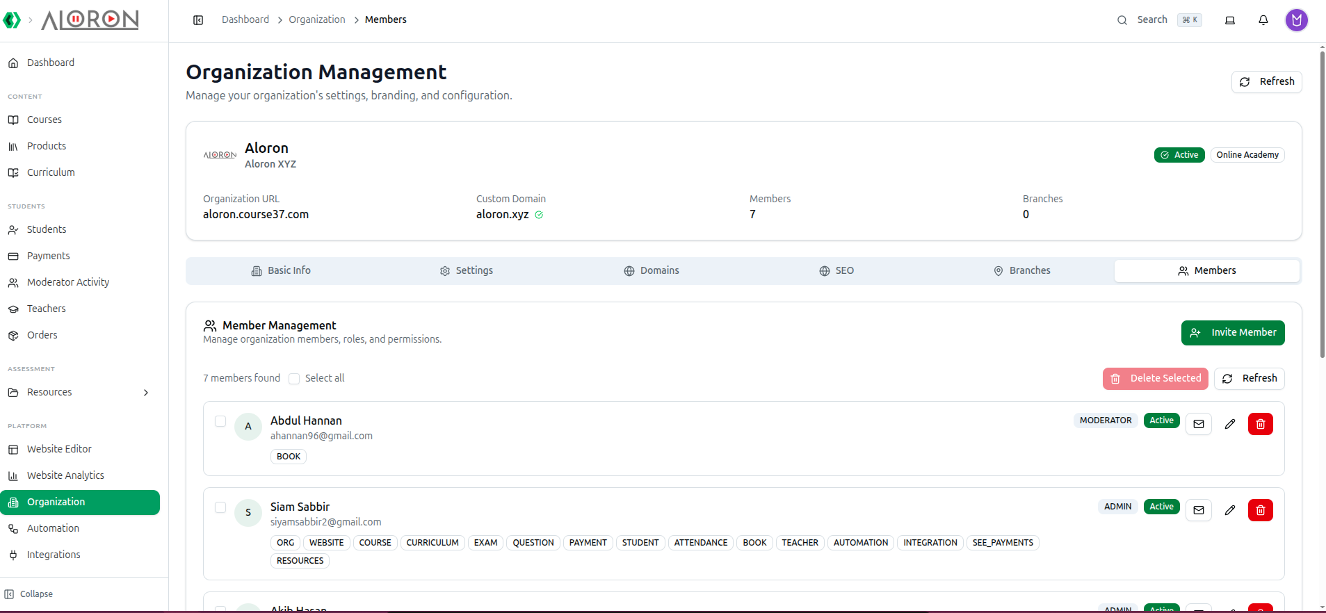 The Organization Management page with its six tabs and the Member Management section