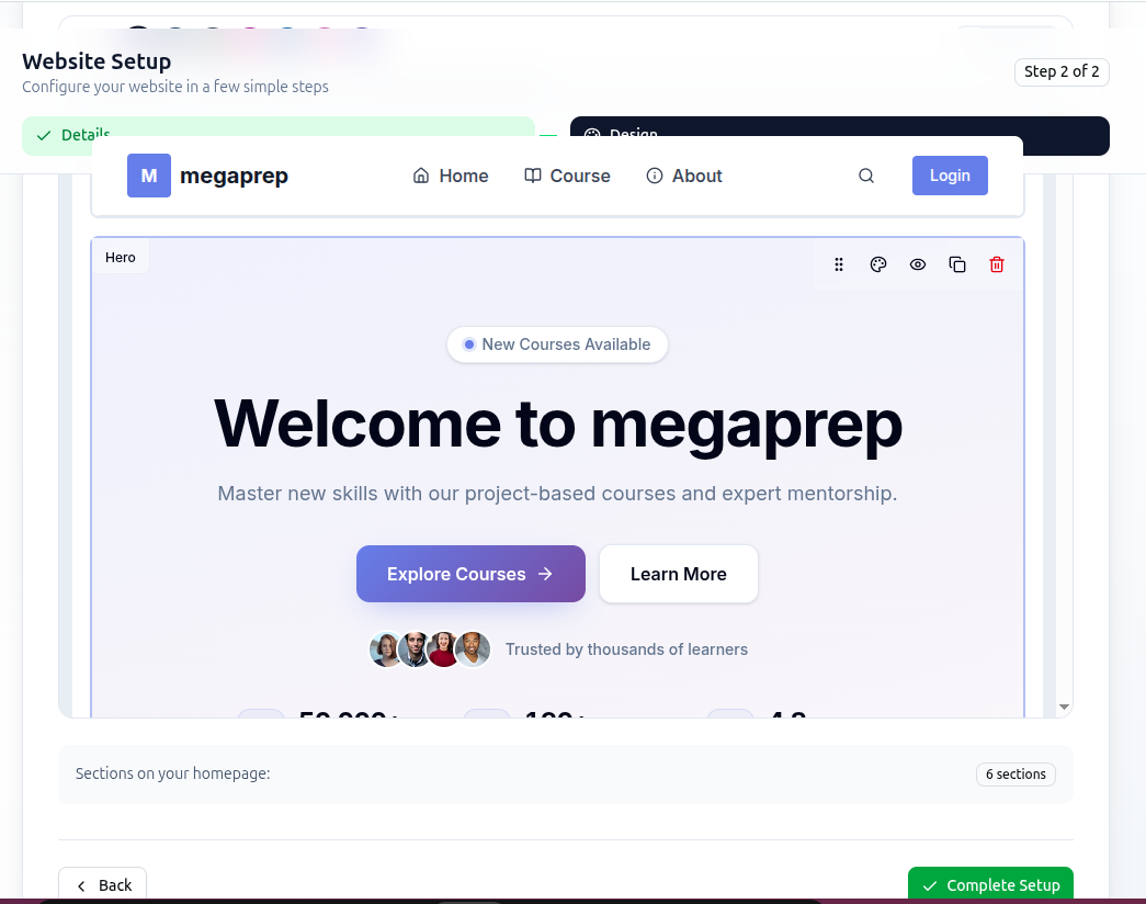 Step 2 of 2 — the live homepage preview with editable Hero section