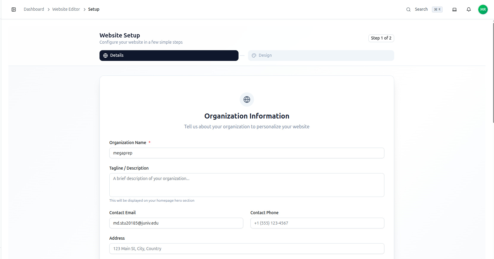 Step 1 of 2 — the Organization Information form