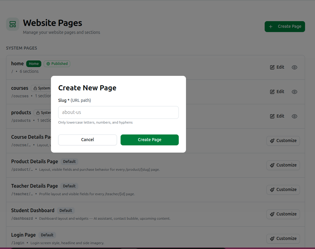 The Create New Page dialog, asking only for a URL slug