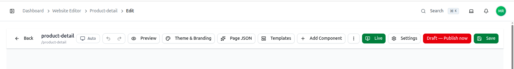 The editor toolbar on a template page, showing Templates and the red Draft — Publish now button