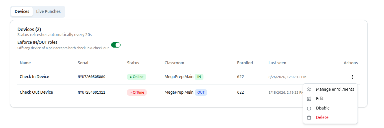The device row's ⋮ menu, with Manage enrollments as the entry point