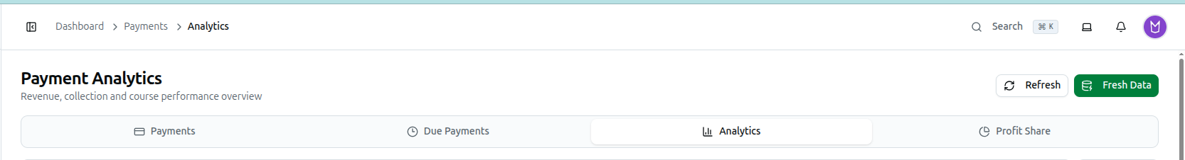 The Refresh and Fresh Data buttons above the four Payments sub-tabs