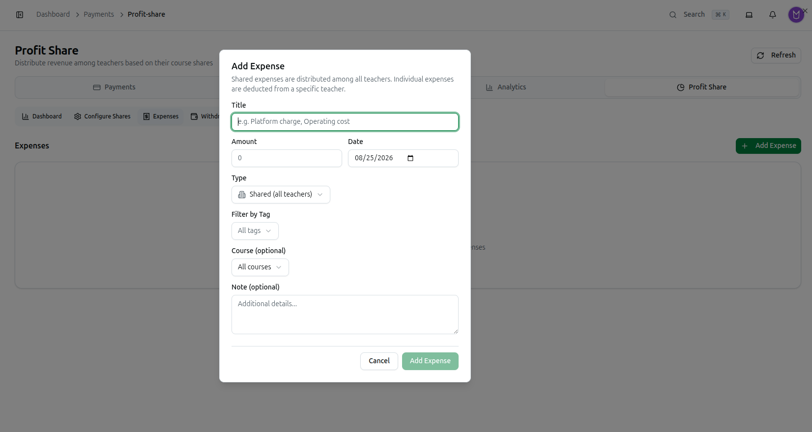 The Add Expense dialog