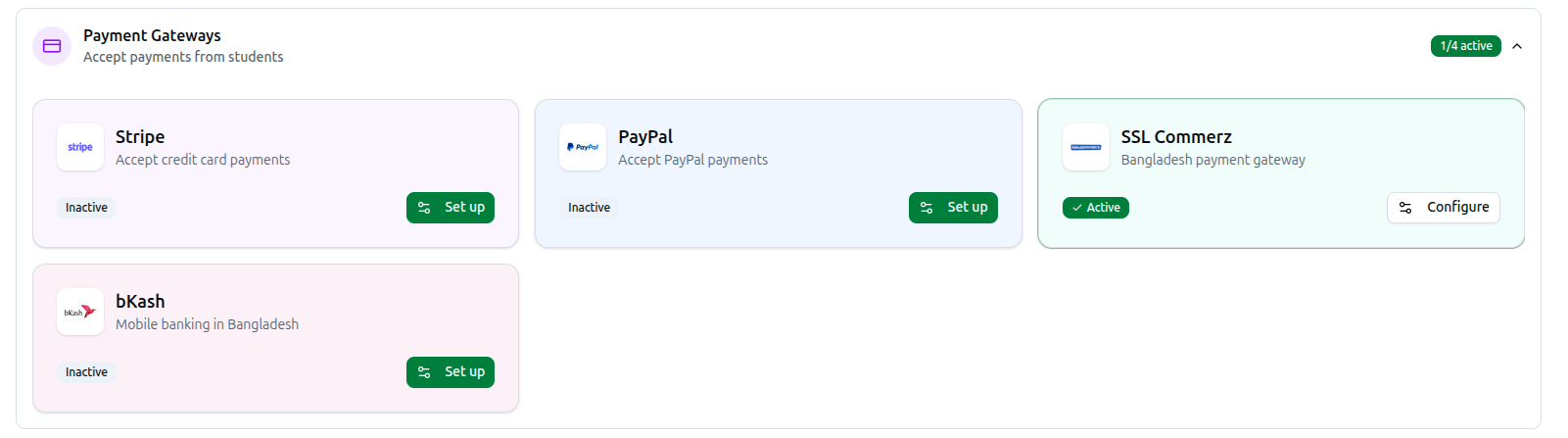 The Payment Gateways category expanded: Stripe, PayPal, SSL Commerz, and bKash
