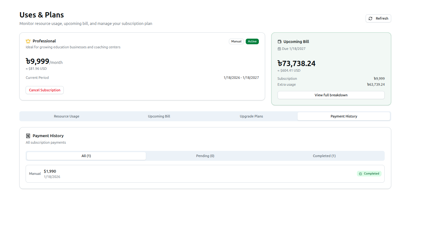 Screenshot of the Payment History tab showing the All/Pending/Completed filter tabs and a completed payment entry