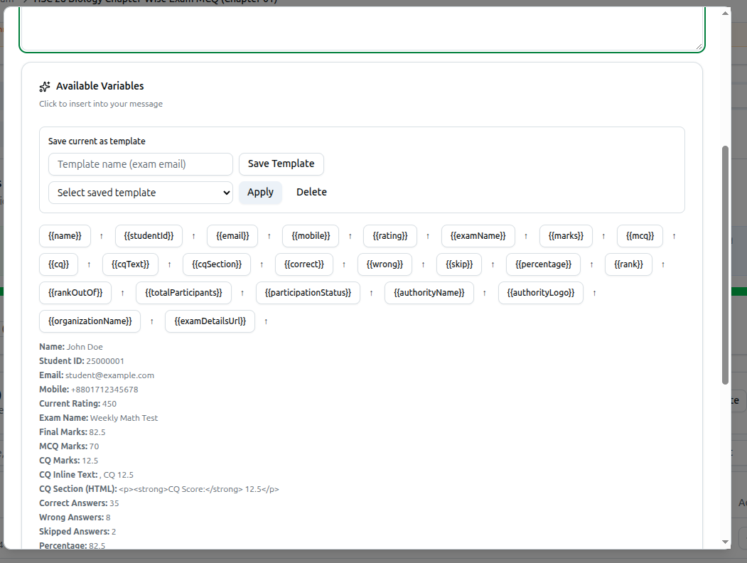 The full Available Variables list with the plain-language description and sample value shown for each placeholder