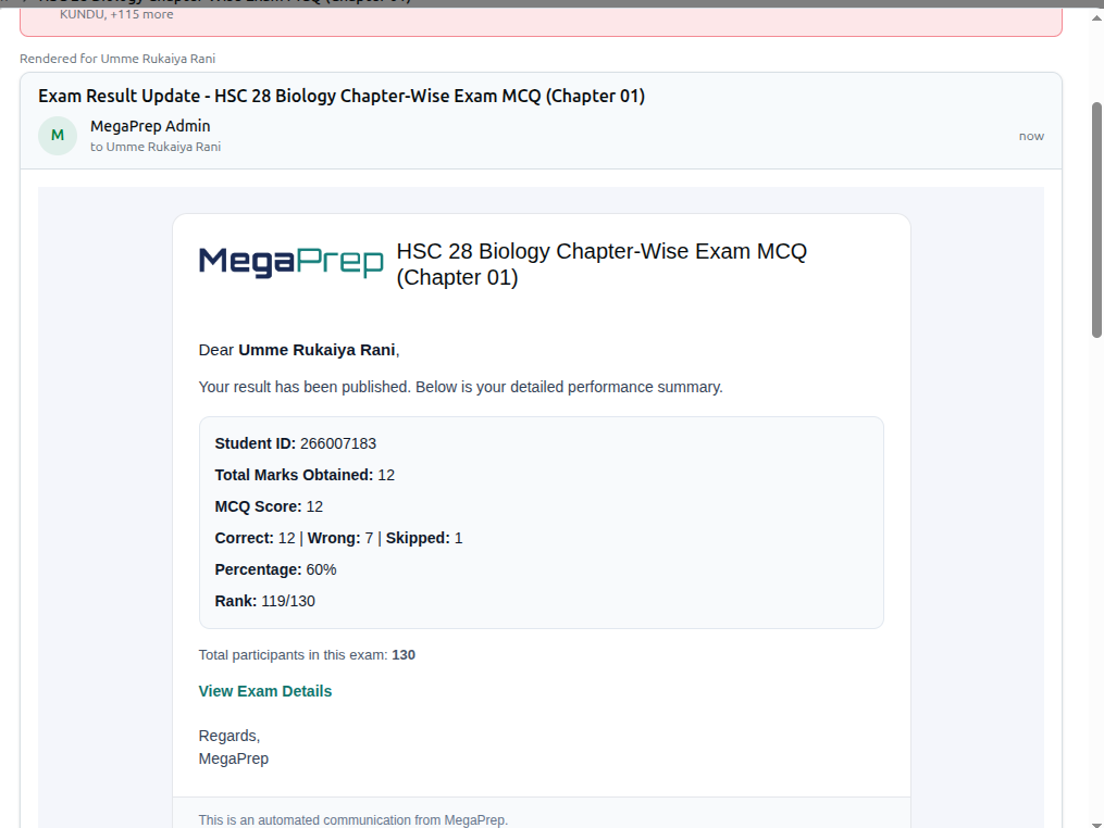 A previewed email rendered exactly as the student will see it, with their real name and exam result filled in