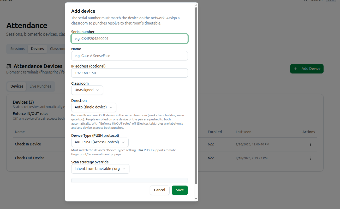 The Add device dialog: serial, name, classroom, direction, device type, and scan strategy override