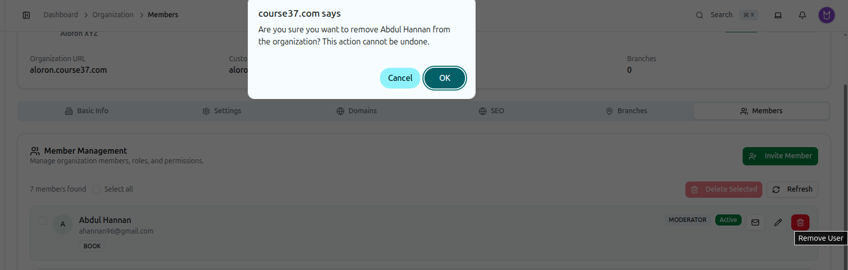 The native confirmation prompt before a member is removed