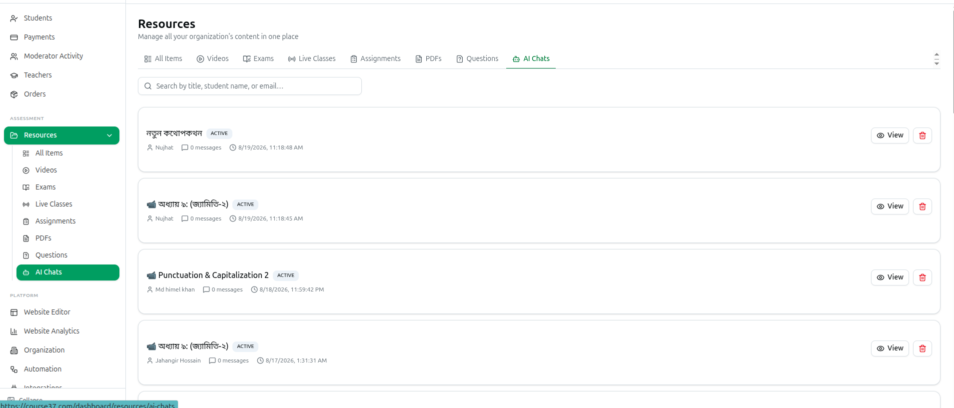 The AI Chats tab listing student conversations as cards