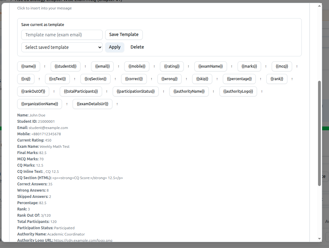 The Available Variables buttons and the Save current as template box