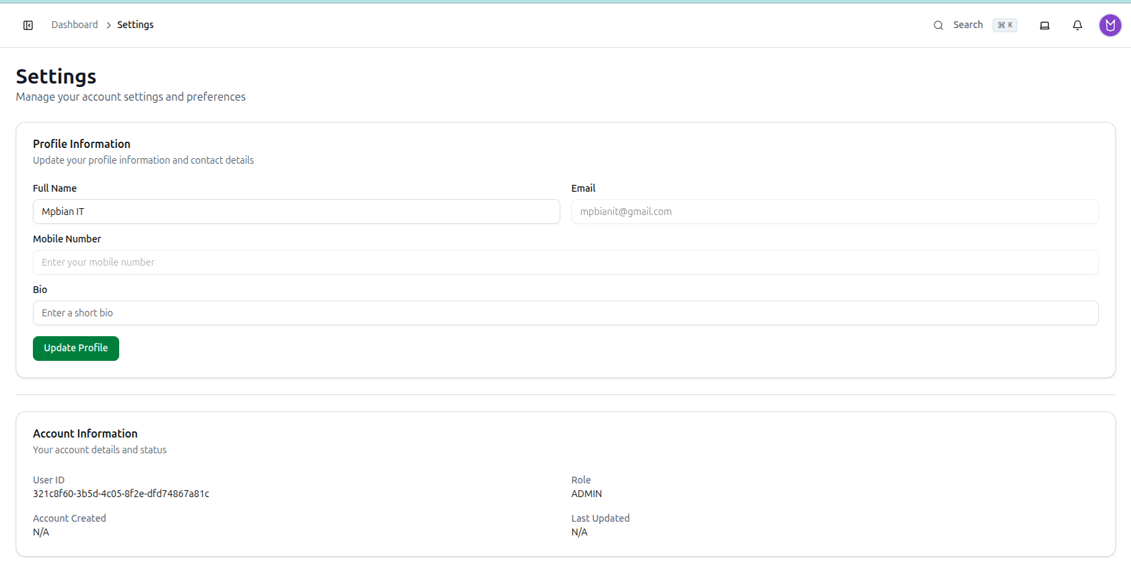 Screenshot of the Settings page showing the Profile Information card with Full Name, read-only Email, Mobile Number, and Bio fields, and the Account Information card below it