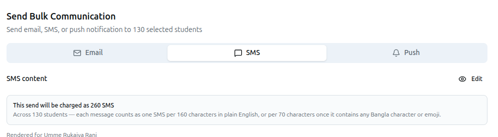 The SMS cost box reading This send will be charged as N SMS, shown before the rendered preview