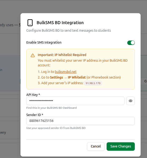 The BulkSMS BD Integration dialog with the Enable toggle, the IP Whitelist notice, and the API Key / Sender ID fields