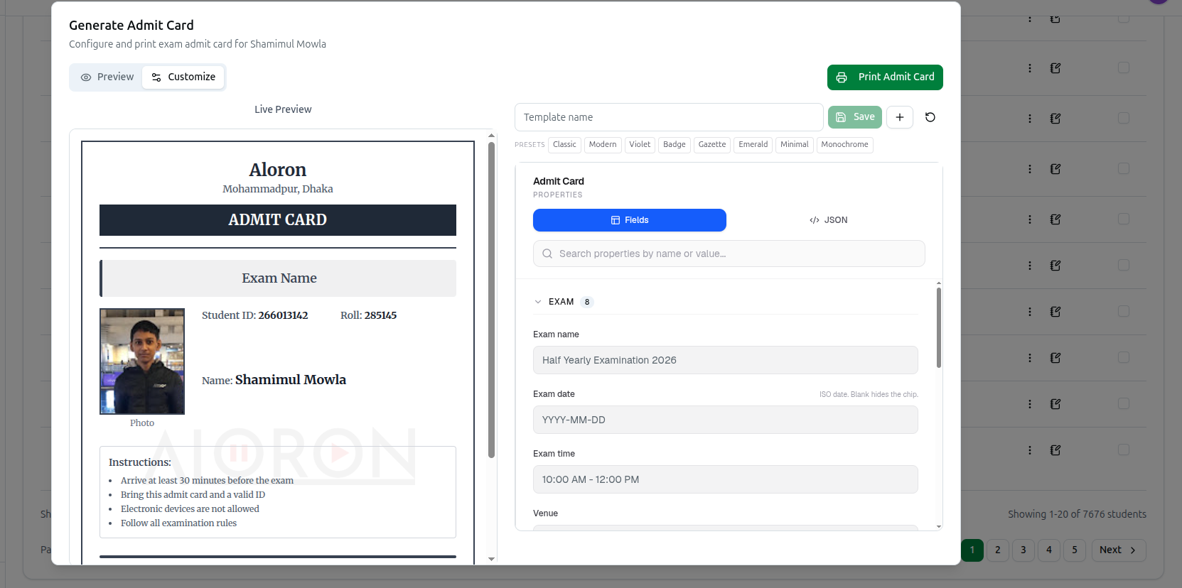 The Generate Admit Card designer with exam details and preset selector