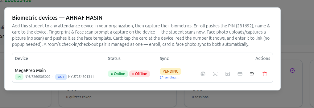 The Biometric devices dialog with its instructional text and one linked device