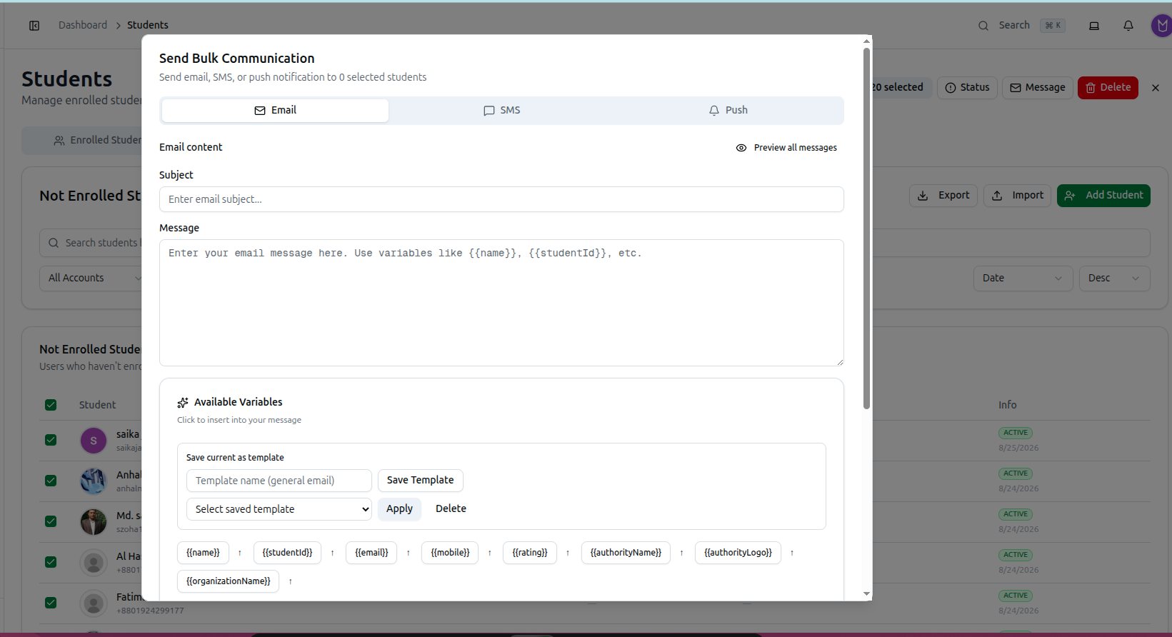 The Send Bulk Communication dialog with Email, SMS and Push tabs and the selected-students list