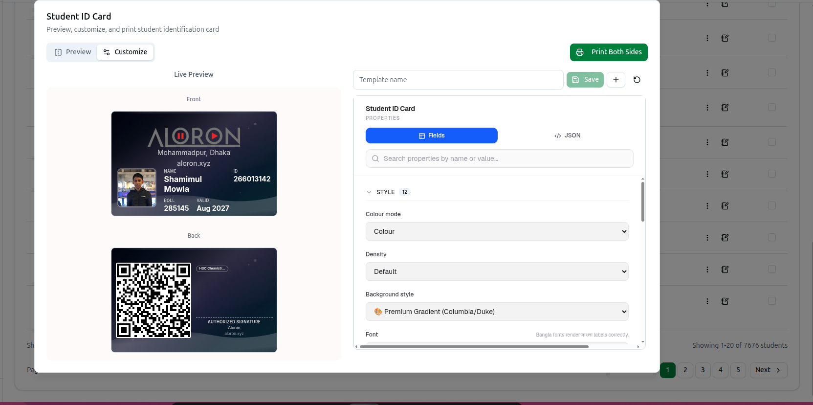 The Student ID Card designer with the front/back preview and Customize panel