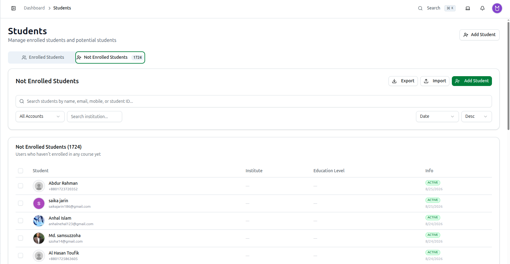 The Not Enrolled Students tab: search, filters, and the student table