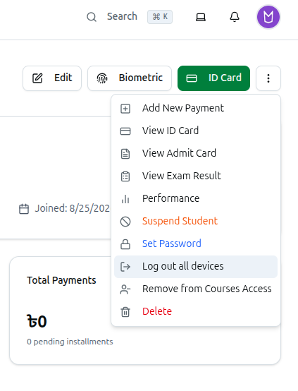 The ⋮ menu with Set Password, Log out all devices, and Delete