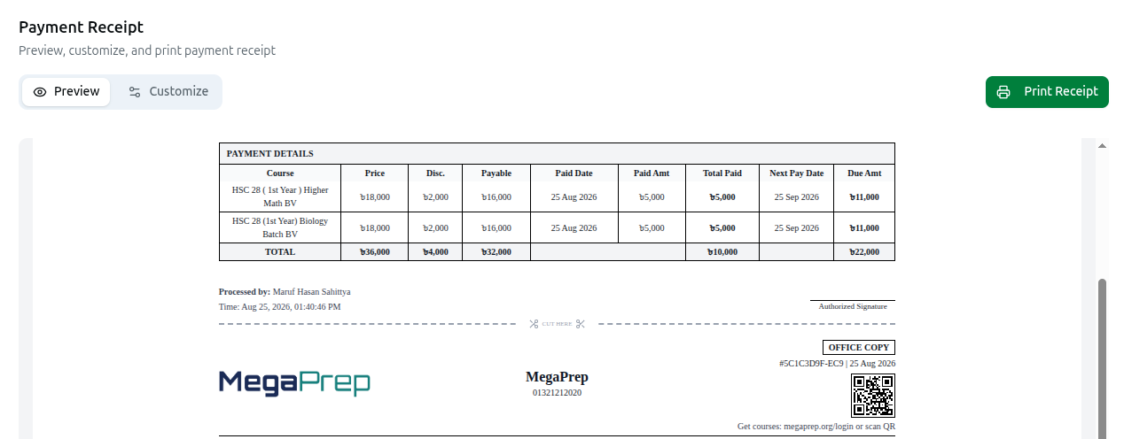 The Payment Receipt window's Preview tab, with the Customize tab alongside it