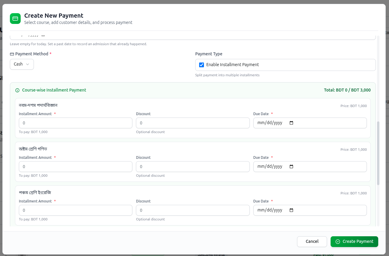 Create Payment with installment splitting enabled, showing the per-course installment fields