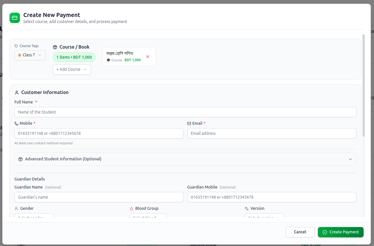 The Create Payment dialog with course selection and customer information